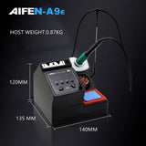 Aifen A9e Soldering Station 160W Temperature Control 3 Memory Storage T210 Tip - dimensions, a black control unit with a digital display, three channel buttons, and a soldering iron in its stand.