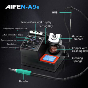 Aifen A9e Soldering Station 160W Temperature Control 3 Memory Storage T210 Tip - with a black base, digital display showing 350, handle, cleaning sponge, copper ball, and bracket with labeled components.