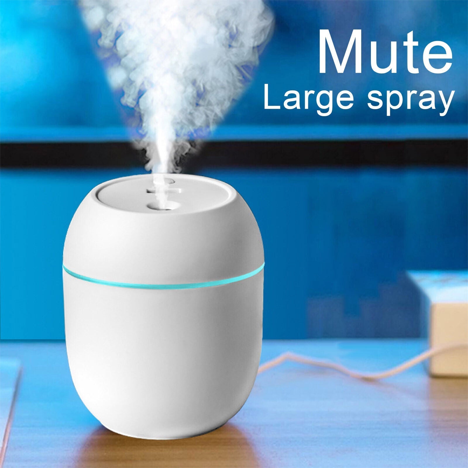 Air Humidifier USB Small 220 ML Mini Portable Cool Mist Diffuser For Bedroom Office Desk Car Travel Atomizer,white - oval-shaped device emitting mist with a glowing blue light band.
