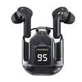 AIR31 Wireless True Headphones - In-ear Headphone - a pair of black in-ear headphones resting in a transparent charging case with a digital display showing the number 95.