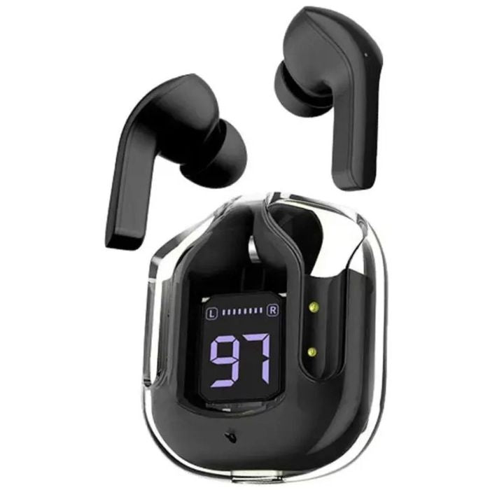 AIR31 Wireless True Headphones - In-ear Headphone - a pair of black in-ear earbuds with a transparent charging case featuring a digital display showing the number 97.