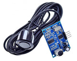 AJ-SR04M V3.0 Waterproof Ultrasonic Distance Sensor - a black cylindrical sensor head connected by a long cable to a blue circuit board.