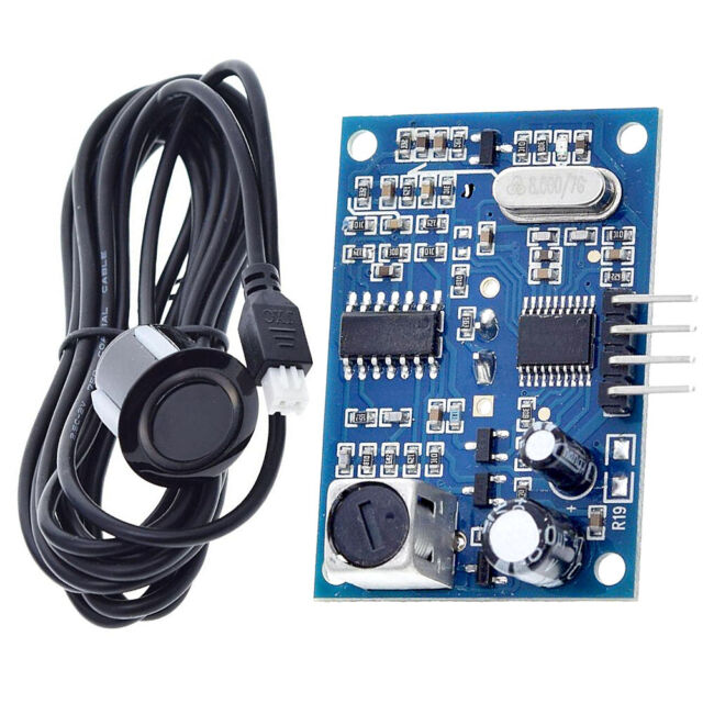 AJ-SR04M V3.0 Waterproof Ultrasonic Distance Sensor - a blue circuit board with a four-pin header and a waterproof sensor probe with a cable.