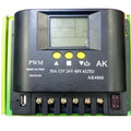 AK4860 50A Solar Charge Controller PWM Type - a black rectangular PWM unit with a blank LCD screen, three yellow buttons, screw terminals, a USB port, and a fuse.