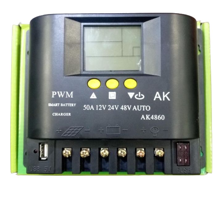 AK4860 50A Solar Charge Controller PWM Type - a black rectangular PWM unit with a blank LCD screen, three yellow buttons, screw terminals, a USB port, and a fuse.