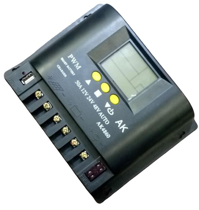 AK4860 50A Solar Charge Controller PWM Type - a black rectangular PWM unit with a blank LCD screen, three yellow buttons, a USB port, and terminal screw blocks.