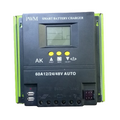 AK4860 60A Solar Charge Controller PWM Type - a black PWM device with a central LCD screen, three yellow control buttons, two USB ports, and terminal connections.