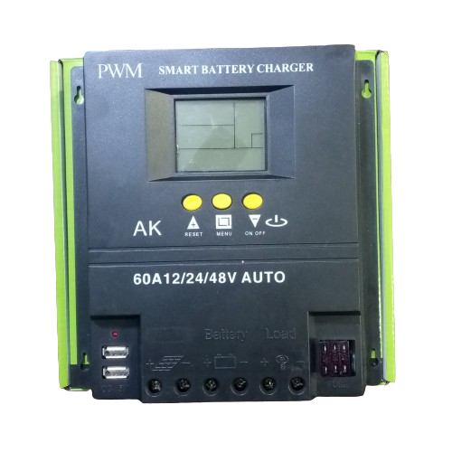AK4860 60A Solar Charge Controller PWM Type - a black PWM device with a central LCD screen, three yellow control buttons, two USB ports, and terminal connections.