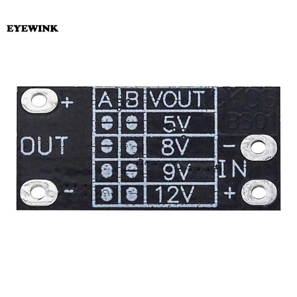 AL253 Boost Converter For Internet Router 5V 9V 12 DC Output Mini Converter Boost Step Ptcl D Link Tp Link - a small black rectangular circuit board showing a voltage selection table for 5V, 8V, 9V, and 12V outputs with input/output pads.
