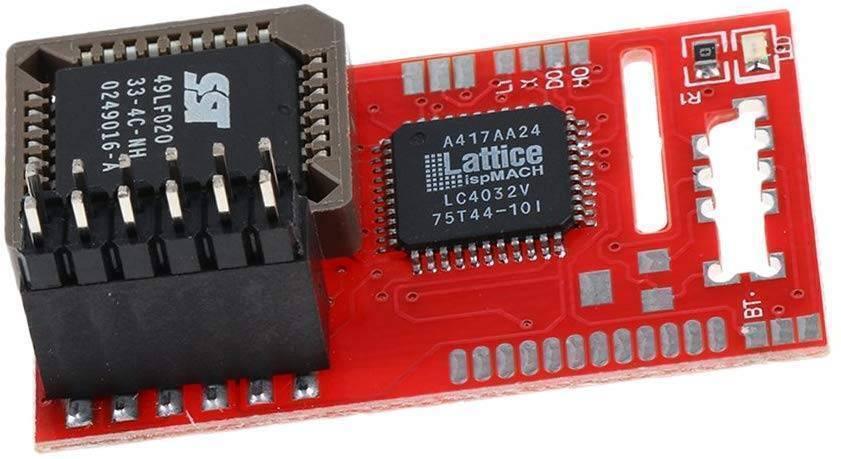 Aladdin Xt Plus 2 Xbox Mod Chip - a red circuit board featuring a black SST 49LF020 chip in a socket and a Lattice LC4032V chip.