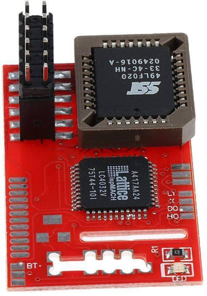 Aladdin Xt Plus 2 Xbox Mod Chip - a red circuit board featuring a black pin header, a socketed SST 49LF020 chip, and a square Lattice LC4032V chip.