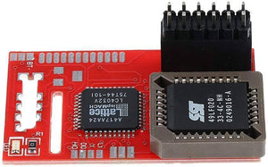 Aladdin Xt Plus 2 Xbox Mod Chip - a red circuit board featuring a Lattice ispMACH chip, an SST flash memory chip in a socket, and a black pin header.
