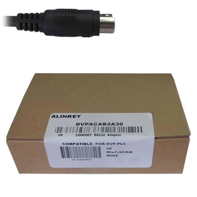 Alinkey DVPACAB2A30 PLC Cable Dvp Download Data Cable DIN 8 Pin To DB9 Cable - a black 8-pin DIN connector cable positioned above its brown cardboard packaging box with a product label.