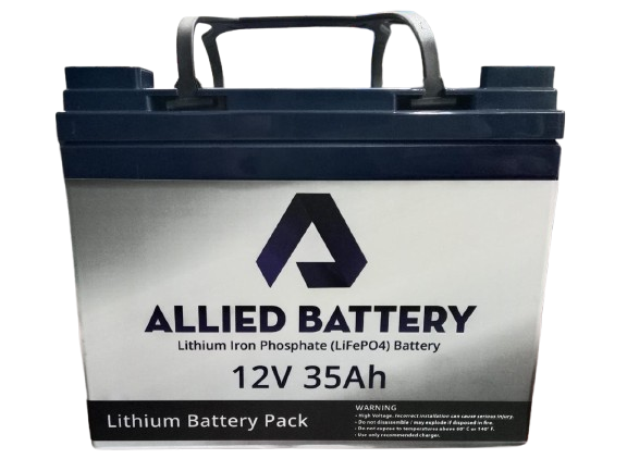 Allied Battery 12V 35Ah Lithium Iron Phosphate (LiFePO4) Battery - in a rectangular blue and silver case with a black carrying handle and two top terminals.