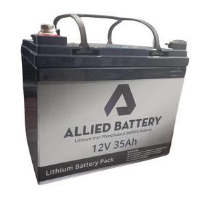 Allied Battery 12V 35Ah Lithium Iron Phosphate (LiFePO4) Battery - in a rectangular black case with a silver label, two top terminals, and a black carrying handle.
