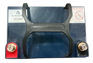Allied Battery 12V 35Ah Lithium Iron Phosphate (LiFePO4) Battery - a blue rectangular unit with a black plastic carrying handle and two metal screw terminals on the top.