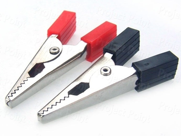 Alligator Crocodile Clips Pair 40mm Red + Black (Half Sleeves) - one red-sleeved and one black-sleeved metal alligator clip side by side.
