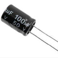 Aluminium 100uF 50V Electrolytic Capacitor - a black cylindrical electronic component with two metal lead wires and printed text showing its specifications.