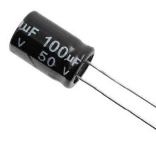 Aluminium 100uF 50V Electrolytic Capacitor - a black cylindrical electronic component with two metal lead wires and printed text showing its specifications.