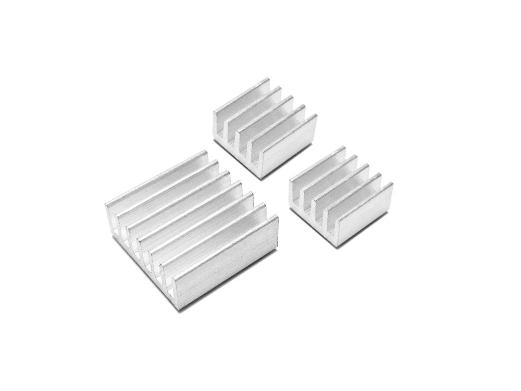 Aluminium Heat Sink for Raspberry Pi - a set of three rectangular, silver-coloured metal heat sinks with parallel cooling fins.