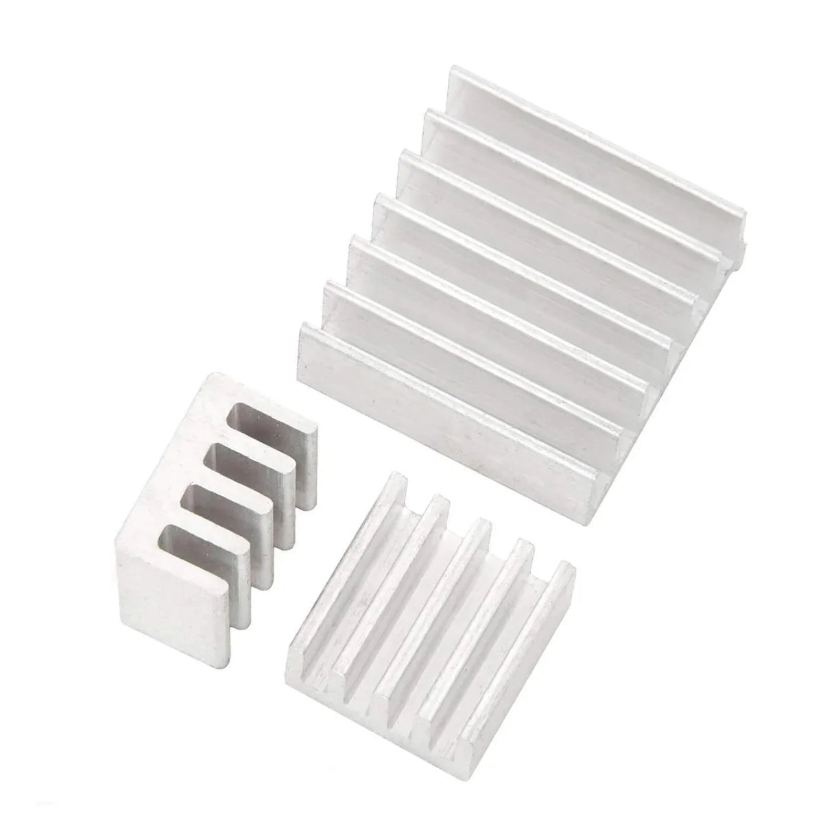 Aluminium Heat Sink for Raspberry Pi - three silver, finned metal cooling components of varying sizes arranged on a white background.