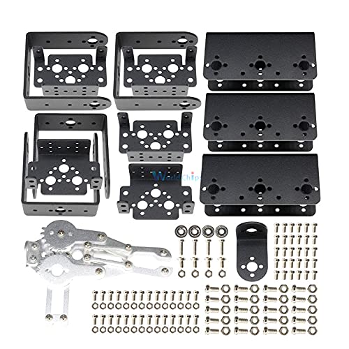 Aluminium Robot 6 Dof Arm Claw Mount Kit Mechanical Robotic Arm For Arduino - a flat-lay of black metal brackets, a silver mechanical claw, ball bearings, and assorted screws.