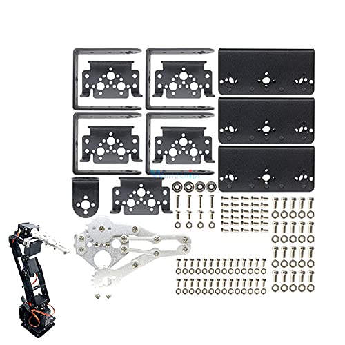 Aluminium Robot 6 Dof Arm Claw Mount Kit Mechanical Robotic Arm For Arduino - a disassembled mechanical arm with black metal brackets, a silver claw, servos, and various screws and nuts.