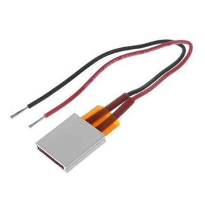 Aluminium Thermostat Heating Element Plate 12V 110°c - a rectangular silver metal plate with orange insulation and a red and black wire pair.