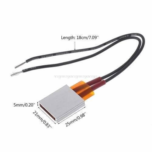 Aluminium Thermostat Heating Element Plate 12V 70℃ - shown with dimension labels, featuring a metallic rectangular plate with two wires and orange insulation.