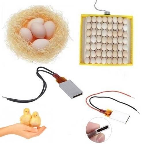 Aluminium Thermostat Heating Element Plate 12V 70℃ - shown with a nest of eggs, an egg tray, two heating elements, and a hand holding two chicks.