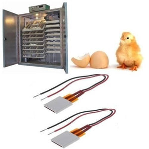 Aluminium Thermostat Heating Element Plate 12V 70℃ - shown with two rectangular heating plates, a large egg incubator, and a chick with an eggshell.