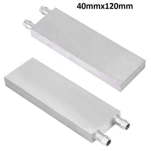 Aluminium Water Cooling Block 40mm x 120mm For Liquid Water Cooler Heat Sink System - shown as two silver rectangular metal blocks, each featuring two protruding hose connectors.