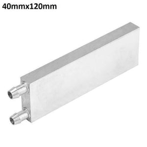 Aluminium Water Cooling Block 40mm x 120mm For Liquid Water Cooler Heat Sink System - a rectangular silver metal heat sink with two protruding hose connectors on one side.
