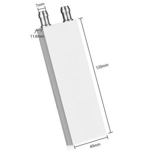 Aluminium Water Cooling Block 40mm x 120mm For Liquid Water Cooler Heat Sink System - a rectangular silver metal heat sink with two top-mounted hose connectors and overlaid dimension labels.