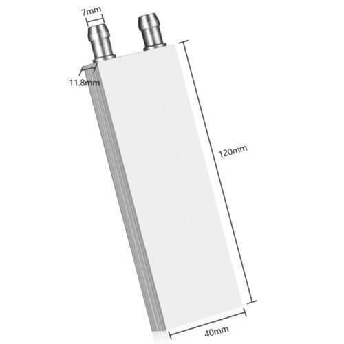 Aluminium Water Cooling Block 40mm x 120mm For Liquid Water Cooler Heat Sink System - a rectangular silver metal heat sink with two top-mounted hose connectors and overlaid dimension labels.