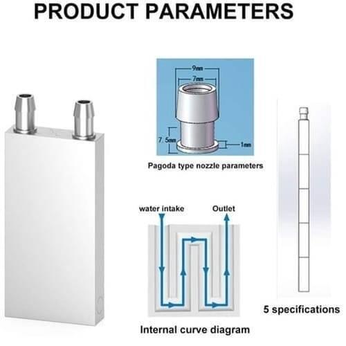 Aluminium Water Cooling Block 40mm x 120mm For Liquid Water Cooler Heat Sink System - the silver rectangular block, a dimension diagram of the nozzle, and an internal water flow path.