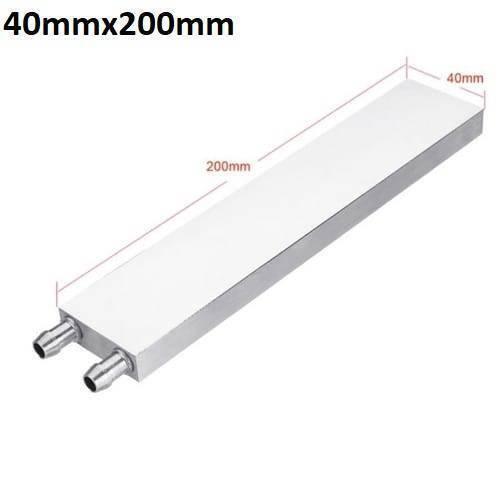 Aluminium Water Cooling Block 40mm x 200mm For Liquid Water Cooler Heat Sink System - shown as a rectangular silver metal heat sink with two protruding hose connectors at one end.