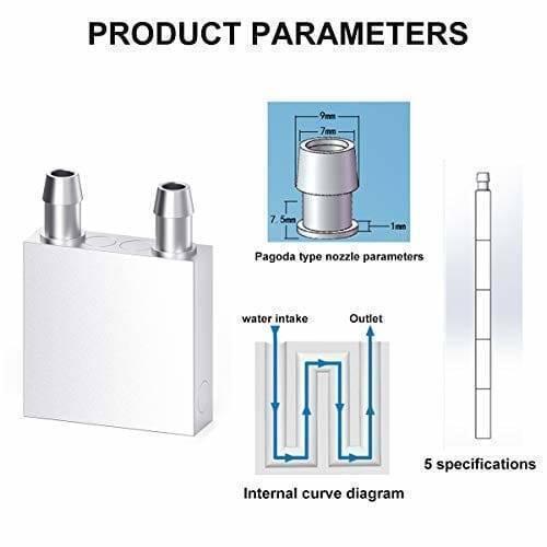 Aluminium Water Cooling Block 40mm x 40mm For Liquid Water Cooler Heat Sink System - the silver block with two nozzles, a dimension diagram of the nozzle, and an internal flow path diagram.