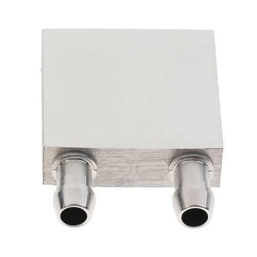 Aluminium Water Cooling Block 40mm x 40mm For Liquid Water Cooler Heat Sink System - a square silver metal heat sink with two protruding cylindrical hose connectors on one side.