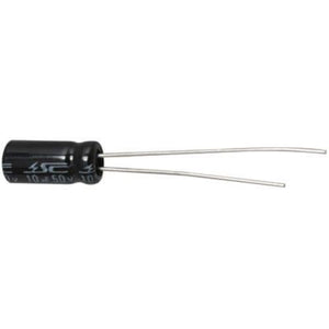 Aluminum 10uF 50V Electrolytic Capacitor - shown as a black cylindrical component with two long metal leads extending from one end.