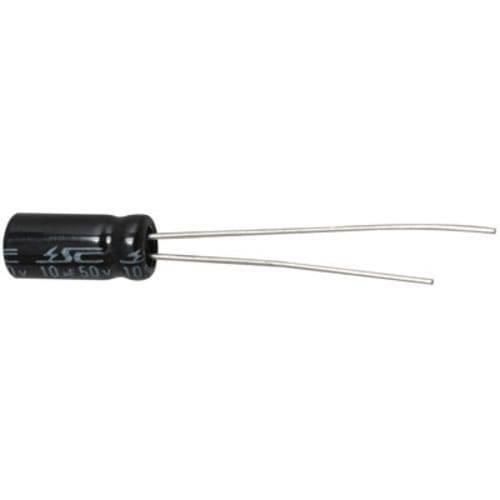 Aluminum 10uF 50V Electrolytic Capacitor - shown as a black cylindrical component with two long metal leads extending from one end.