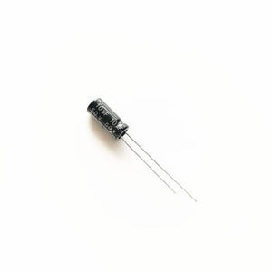 Aluminum 10uF 50V Electrolytic Capacitor - a small black cylindrical electronic component with two long wire leads extending from one end.