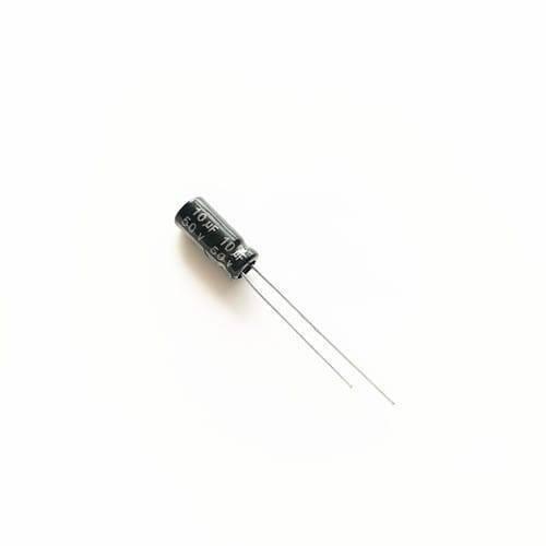 Aluminum 10uF 50V Electrolytic Capacitor - a small black cylindrical electronic component with two long wire leads extending from one end.