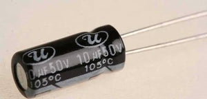 Aluminum 10uF 50V Electrolytic Capacitor - shown as a black cylindrical component with two metal leads and printed text indicating 10uF 50V 105°C.