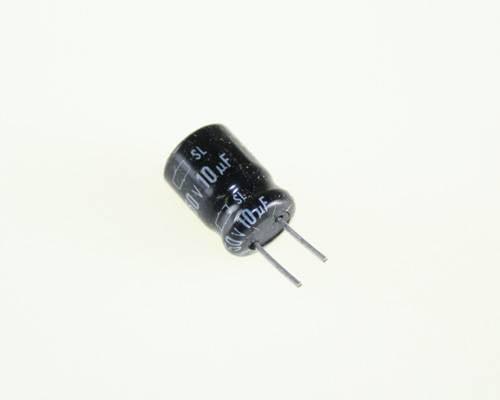 Aluminum 10uF 50V Electrolytic Capacitor - a small black cylindrical component with two metal leads extending from one end.