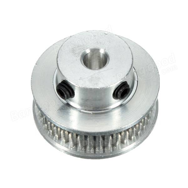 Aluminum GT2 Timing Pulley 36 Tooth 5mm Bore For 6mm Belt 36 Teeth - a silver-colored metal gear with a central bore and two small black set screws.
