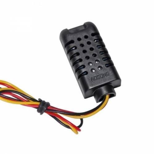 AM2301A Temperature & Humidity Sensor - a black rectangular sensor module with a vented casing and three attached red, yellow, and black wires.