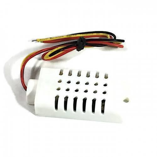 AM2302 Temperature And Humidity Sensor - shown as a white rectangular plastic housing with ventilation slots and three attached red, yellow, and black wires.