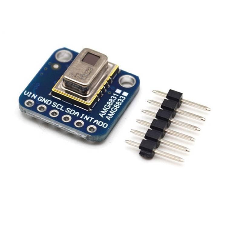 AMG8833 IR Thermal Imager Temperature Sensor Module 8x8 Array Thermal Camera Breakout - with a blue circuit board, a metal sensor housing, and a separate six-pin header connector on a white background.