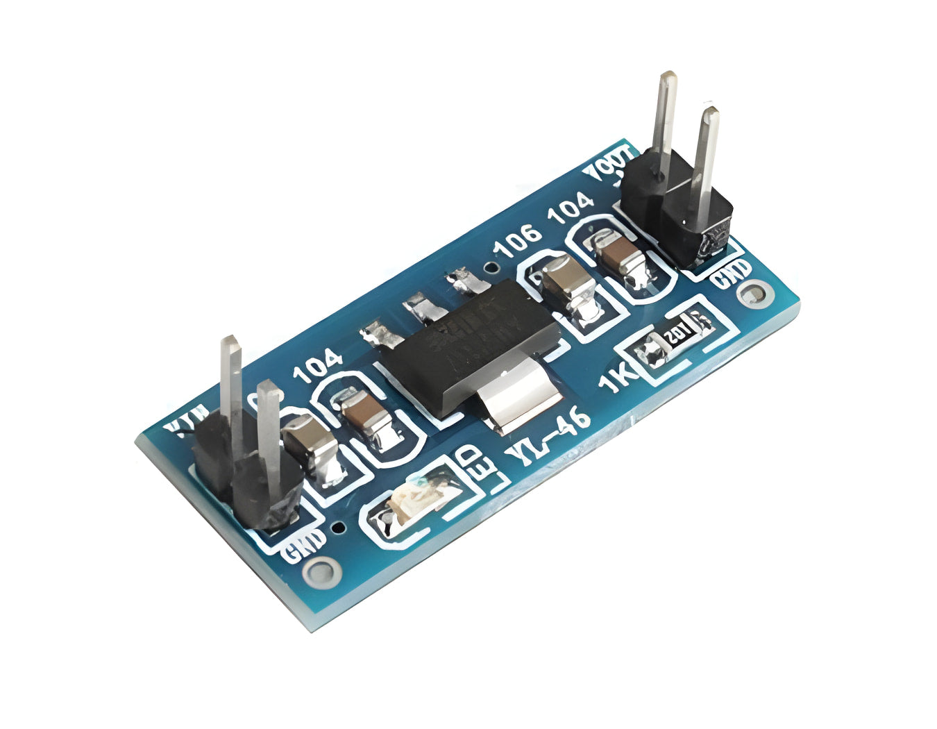 AMS1117 3.3V Power Module Voltage Conversion Step-down Module - a blue rectangular circuit board featuring a black integrated circuit, two two-pin headers, an LED, and surface-mount components.